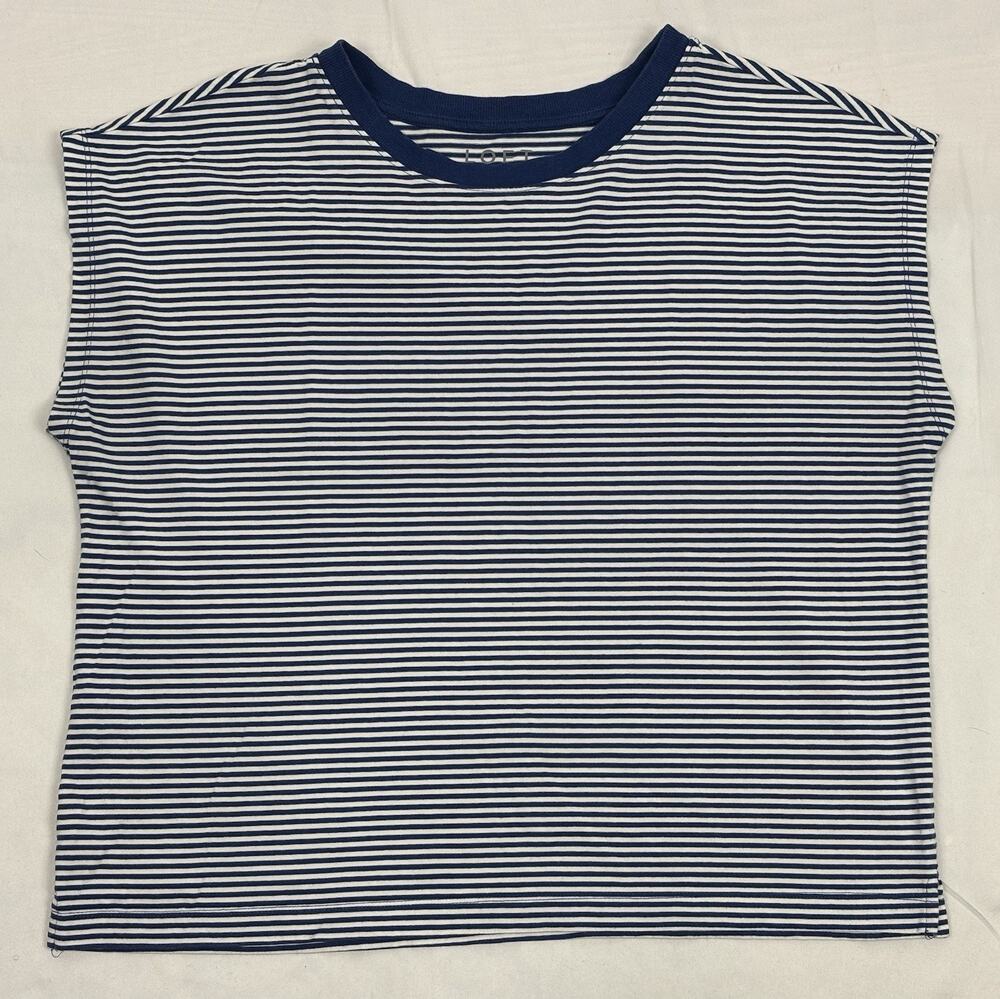 Loft Women’s Navy Blue White Striped Sleeveless Tank Top Crew Neck Oversized LP
